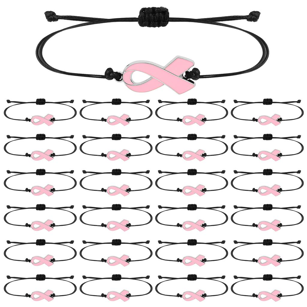 24 Pcs Breast Cancer Awareness Bracelets For Women, Pink Ribbon Bracelets, Adjustable Cord And Braided Ribbon, Chest Accessories