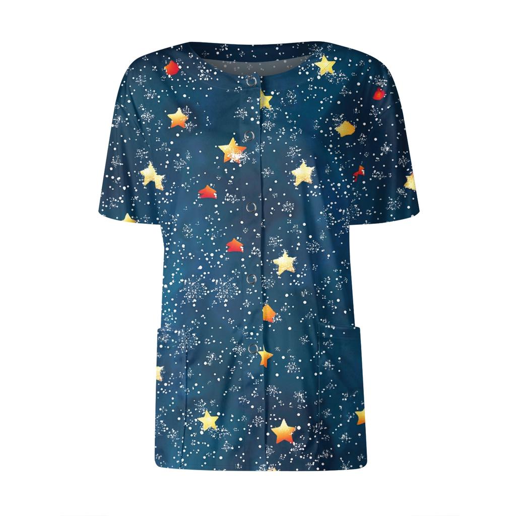 Women's Short Sleeved Patterned Pockets, Work Print Stand Up Collar, Single Breasted Protective Clothing, Cardigan Jacket, Top