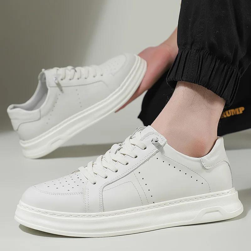 New Designer Men Genuine Leather Casual Shoes Thick-soled White Flat Skate Shoes Young Man Chunky Sneaker