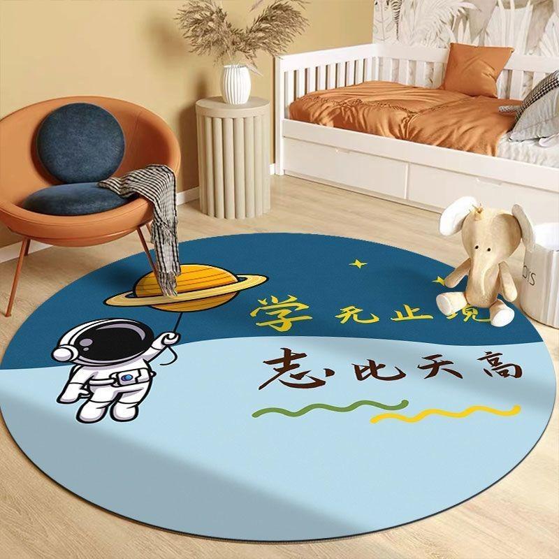 Round Cartoon Space Astronaut Pattern Carpet Soft Rug For Kids Room Bedroom Study Area Home Decor Children Students Use