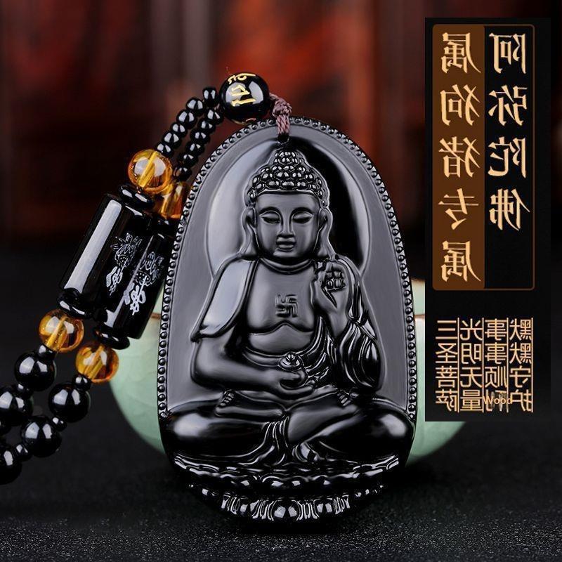 Black Obsidian Buddha Pendant Carved Design Beaded Chain Daily Wear Lucky Gift For Men Women