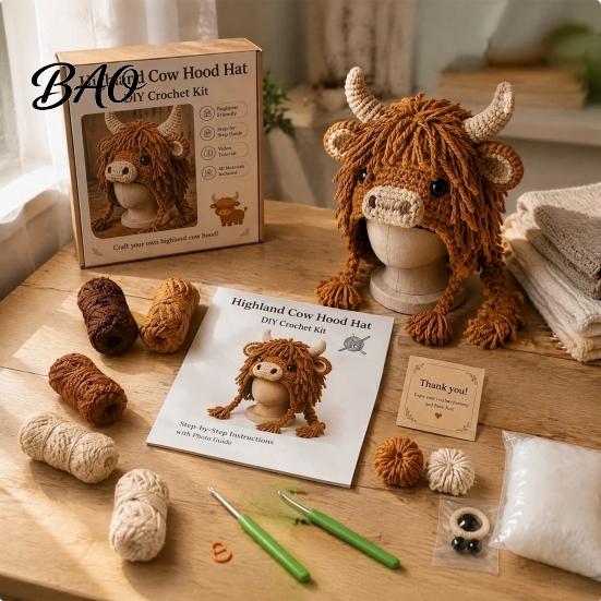 Parent Child Art Project Highland Cow Hat Crochet Kit, Halloween Pumpkin Spider Hood Handmade Holiday Ornament DIY Craft Kit for Adults Teens