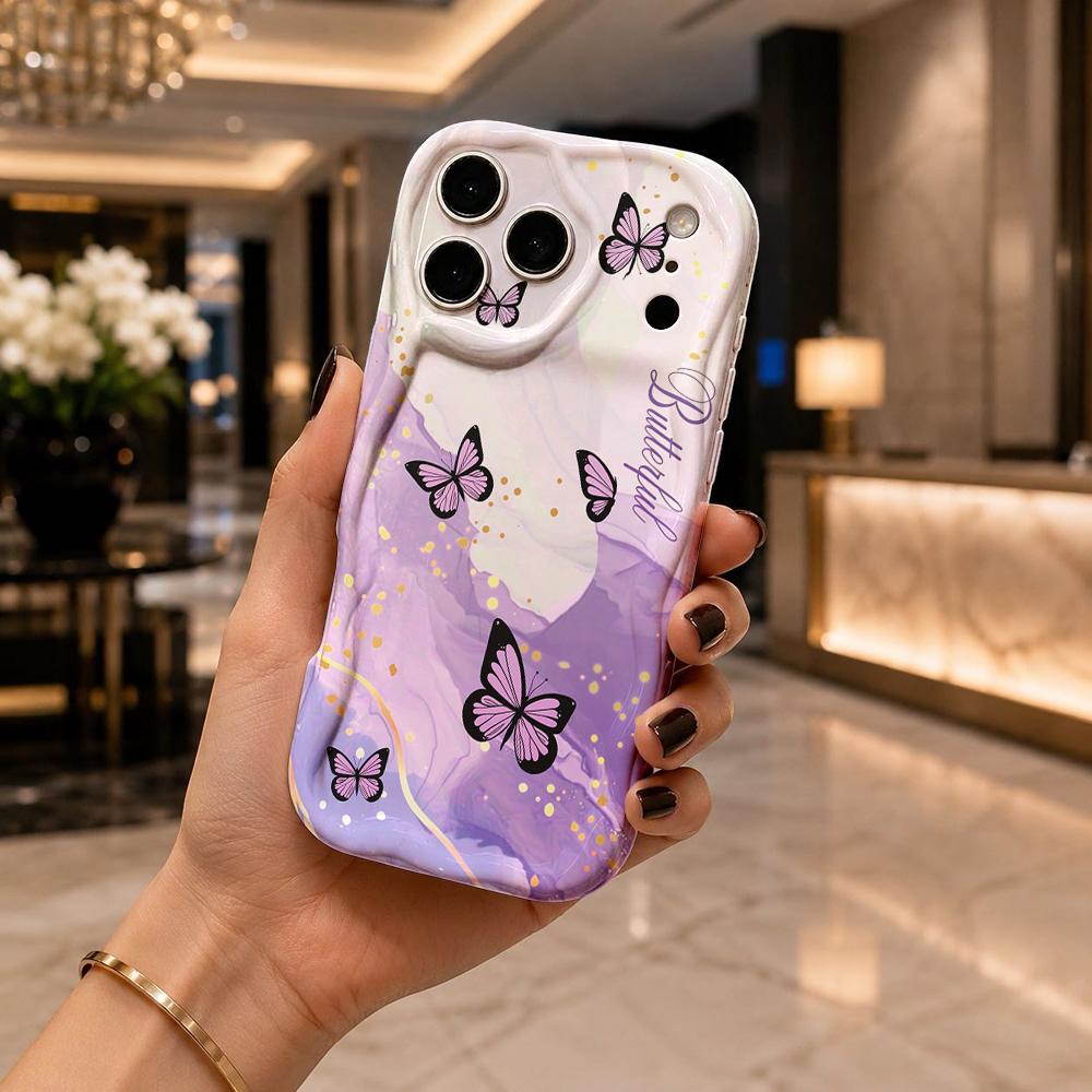 Gradient Purple Gold Foil Butterfly Phone Case for iPhone 17 16 15 14 13 12 11 Pro Max Plus Wavy Edge Cover