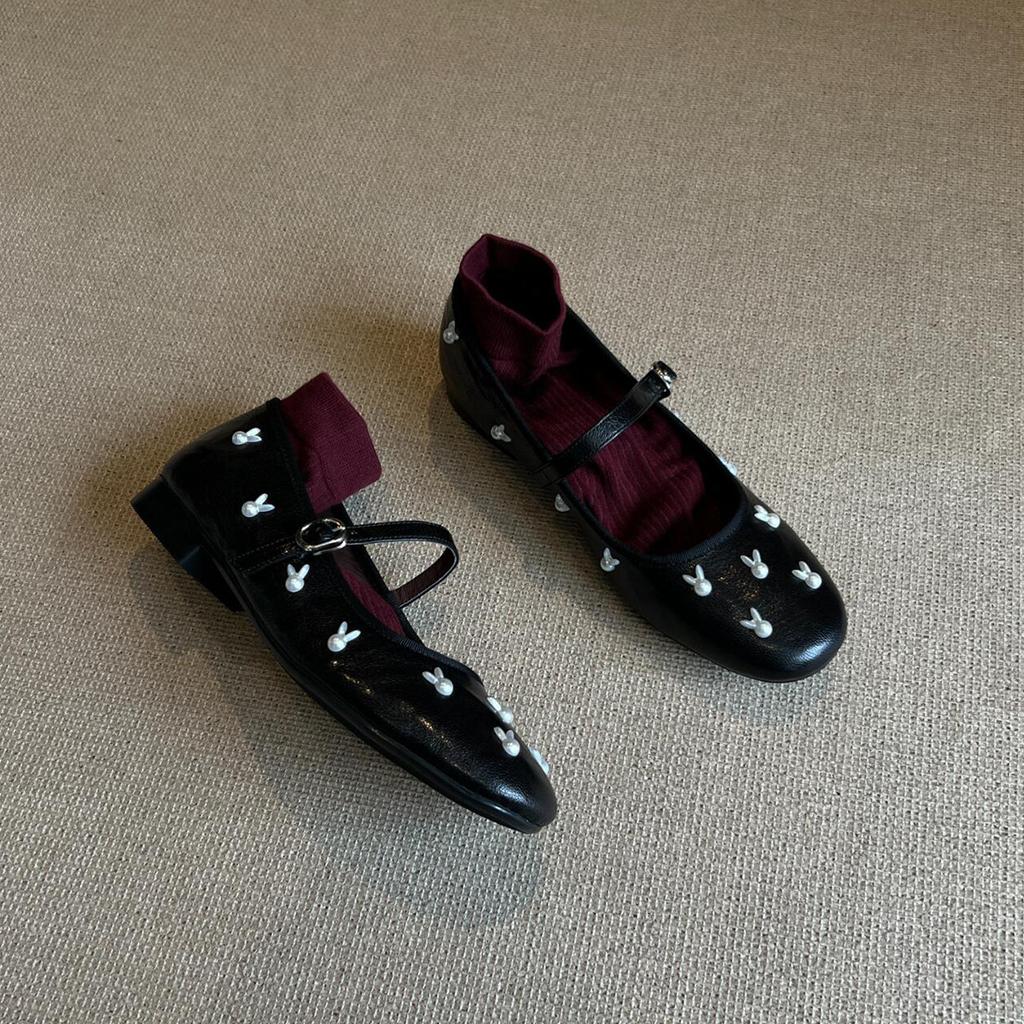 Sheepskin Version~ French Evening Breeze Pearl Rabbit with Mary Jane Shoes Women's Retro Shallow Mouth Leather Flat-soled Shoes