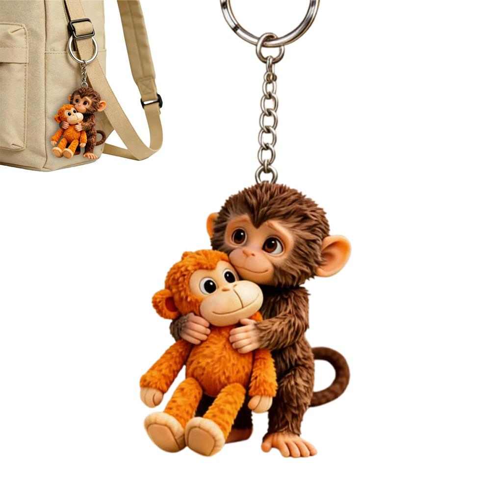 Protect Punch The Monkey Keychain, 3D Cute Monkey Holding Plush Toy Hanging Keychain for Backpack Purse Car Keys Gift