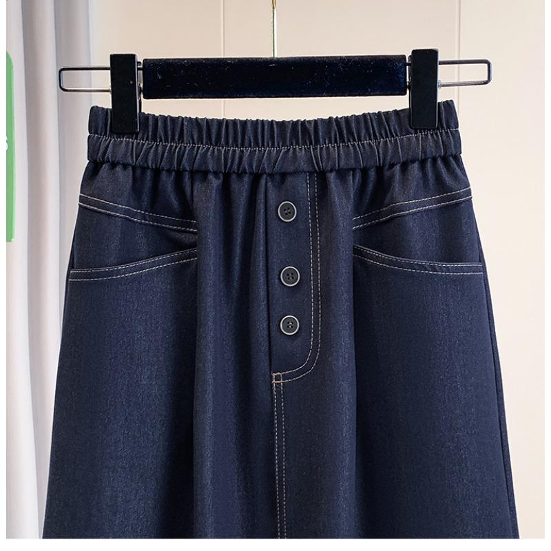 DIMANAF 2026 Summer Plus Size Women Skirts Elastic Waist Oversize Casual Lady Long Skirts Denim Cotton Solid Blue