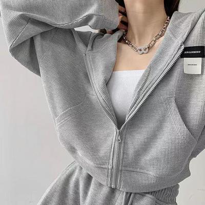 Kadın Kapüşonlu Kısa Sweatshirt Bol Sokak Giyim Hip Hop Harajuku Kapüşonlu Eşofman Fermuarlı Ceket Crop Spor Dış Giyim