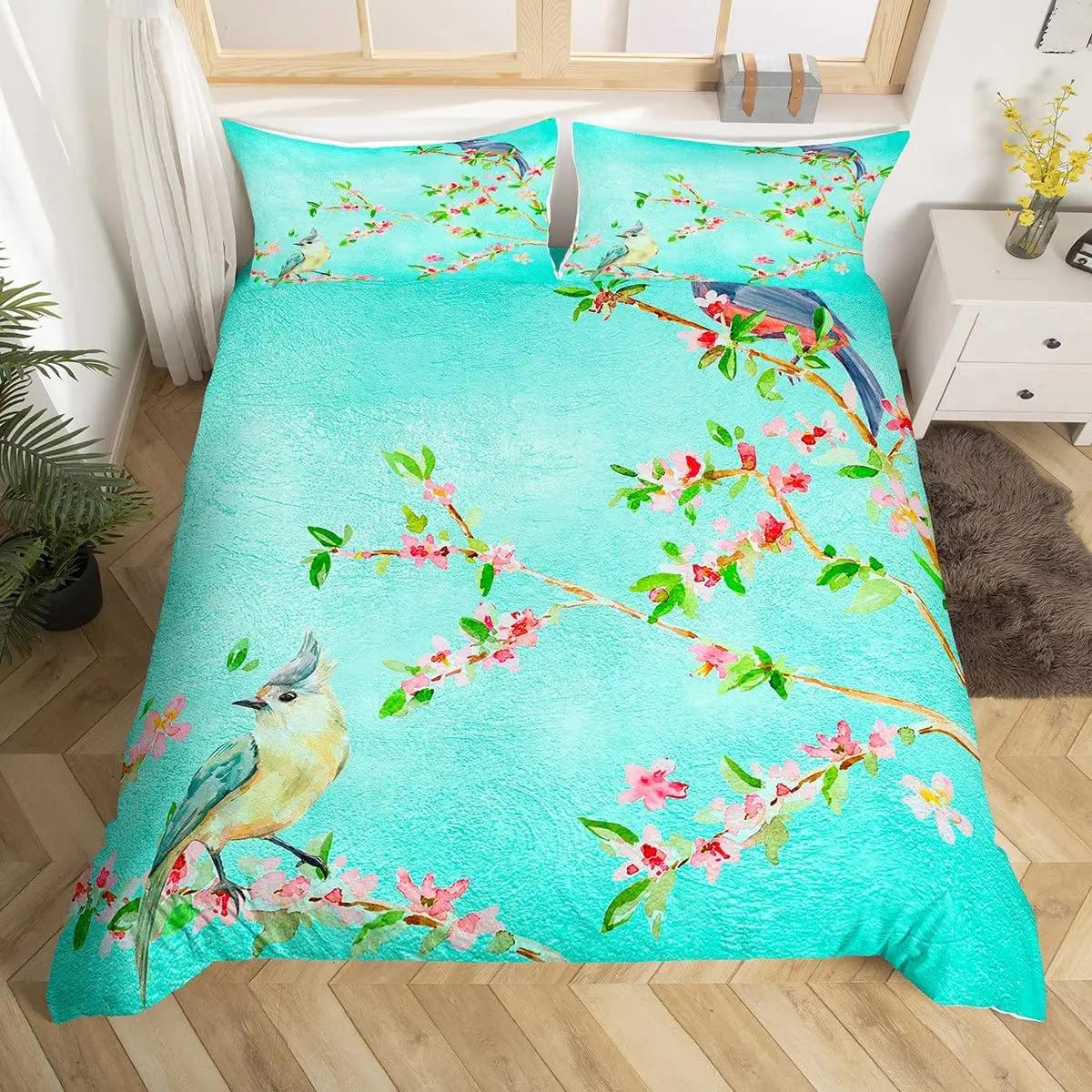

Cute Birds Duvet Cover King Size Pink Peach Flower Bedding Set Polyester Bird Butterfly Wild Animal Comforter Cover For Boy Girl EU Single(135x200cm)