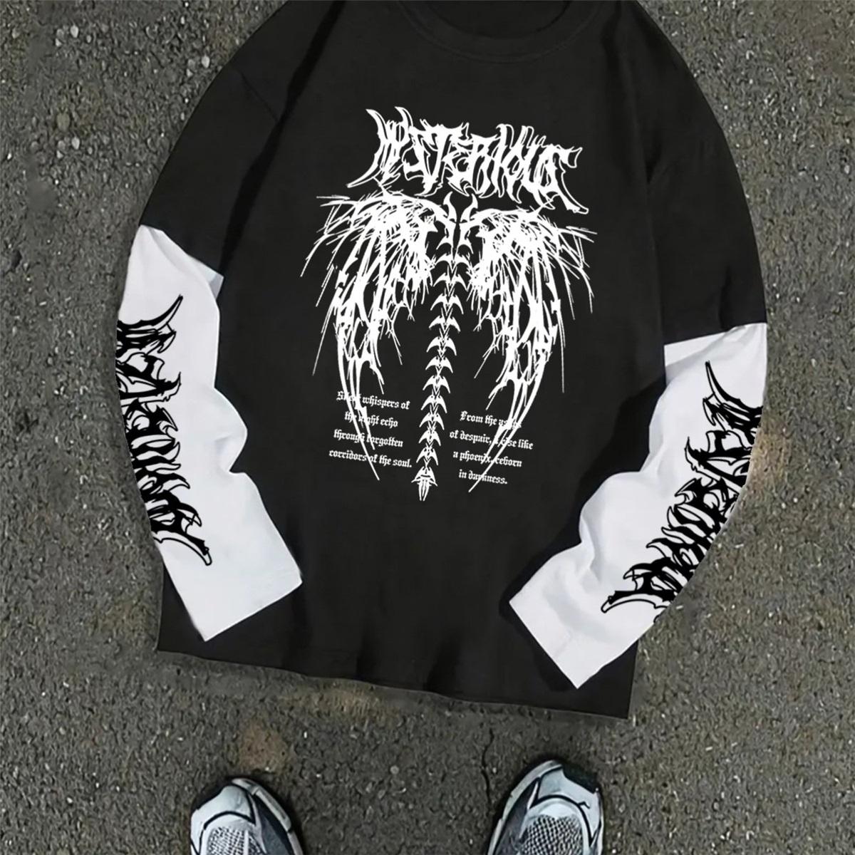 Американская Темная Академия Y2K Дизайн Лонгслив, Готический Принт Шипы Лонгслив Футболка, Модный Топ 2-в-1 с Элементами Уличного Ренессанса L чёрный