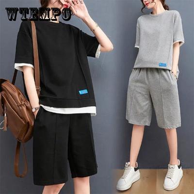 Summer Suit Women's Fashion Literary and Artistic Thin Solid Color Large Size Women's Loose Casual Sports Short-sleeved Shorts Two-piece Set