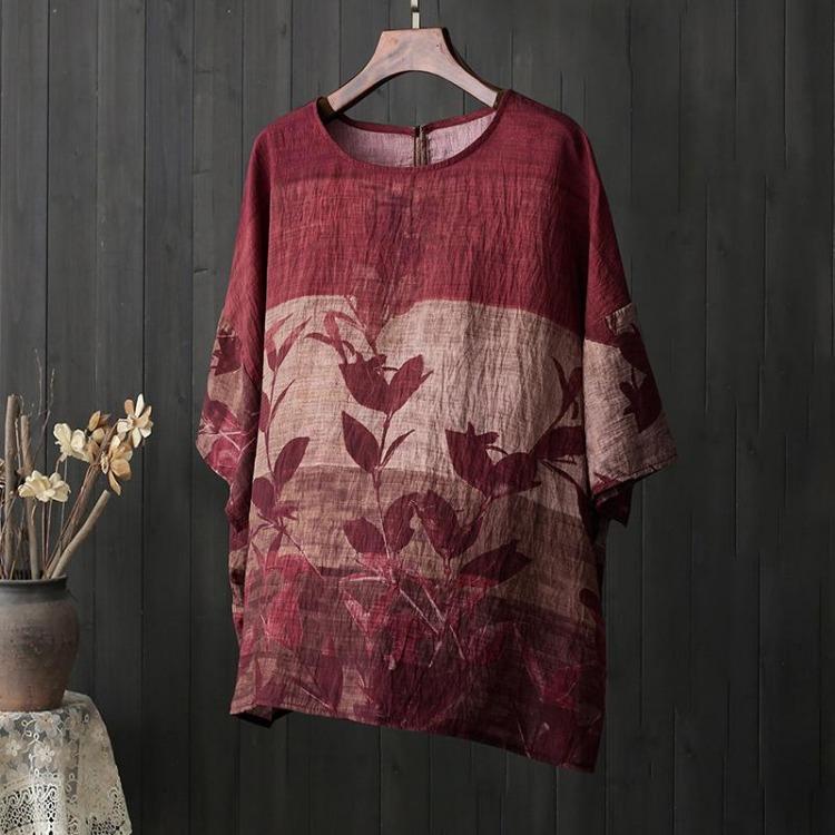 

2026 Summer Floral Print Loose Casual Linen Shirt Tees Elegant Batwing Sleeve Tops Plus Size Women T-Shirts 5512 by Dimanaf One Size червоний