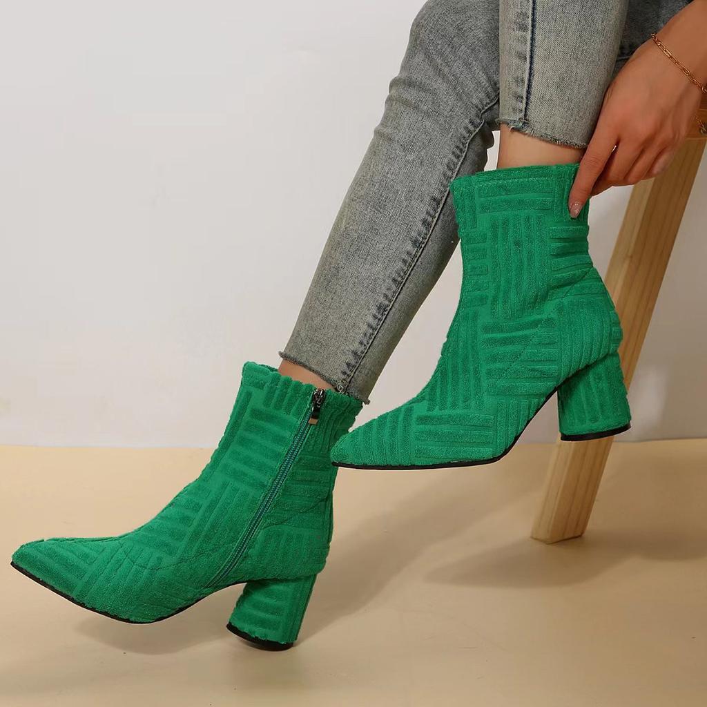 2025 New Large Size Towel Cloth Short Boots Women's Thick Heel Short Boots Foreign Trade Side Zipper High Heel Pointed Short Boots