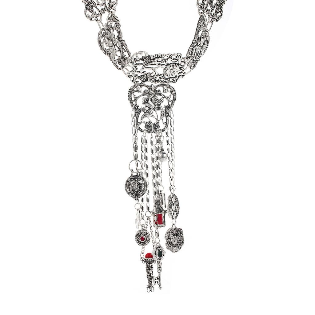 Heavy industry exaggerated hollow engraved chokr neck chain ZA retro fringed coin key long necklace