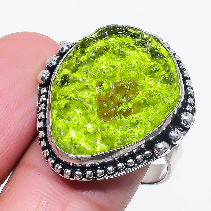 

Natural Moldavite Quartz Gemstone 925 Sterling Silver Jewelry Ring Size 10 V0A72