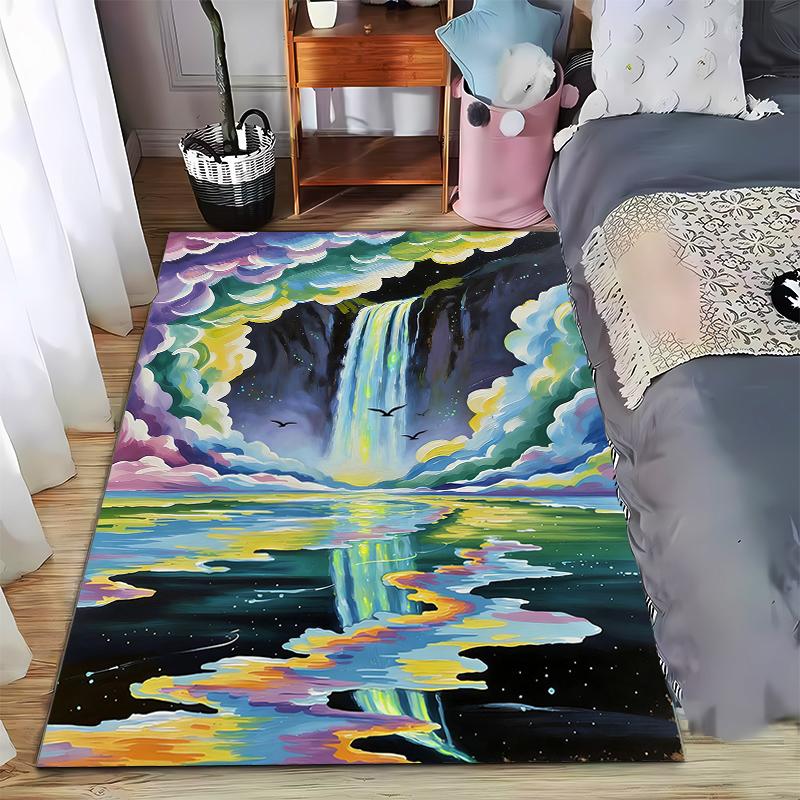 Colorful Waterfall Landscape Carpet with Starry Sky and Clouds Design Suitable for Use As an Anti-slip for Living Room Bedroom Sofas