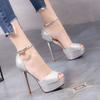 FHC 2025 New Women High Heeled Sandals,Platforms Rhinestone Summer Shoes,Peep Toe,Ankle Buckle Strap,Champagne,Silver,Dropship