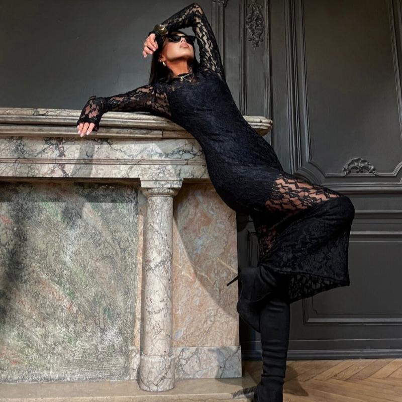 Autunno Nuovo Nero Sexy Club Abito in Pizzo Moda Donna Slim Fit Elegante Ampio Vintage Casual Abito Donna Vita Alta Scollo Rotondo Festa Abiti Lunghi 25244