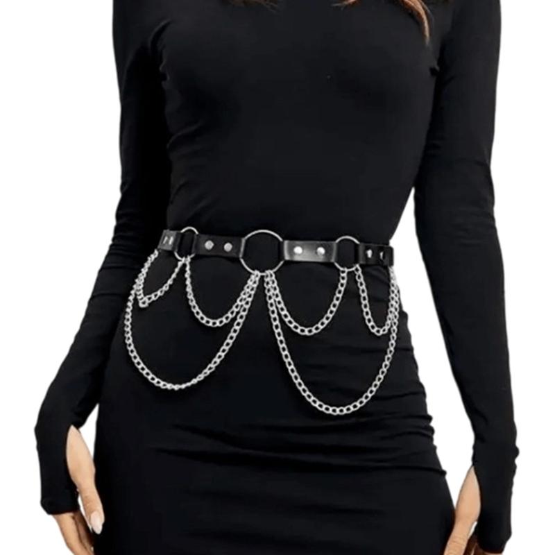 

Multi Chain Gothic Waistband for Women Edgy Punk Clothing Accessories Adjustable Faux Leather Belt Streetwear Style 1