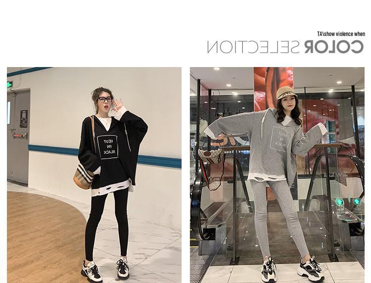 Women's Autumn Ripped Hooded Sweatshirt & Slimming Leggings Two-Piece Set