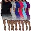 Plus Size Casual Dress Women Short Sleeve Mid Length Gradient Pocket Bubble Hem Round Neck Loose Fit Dress