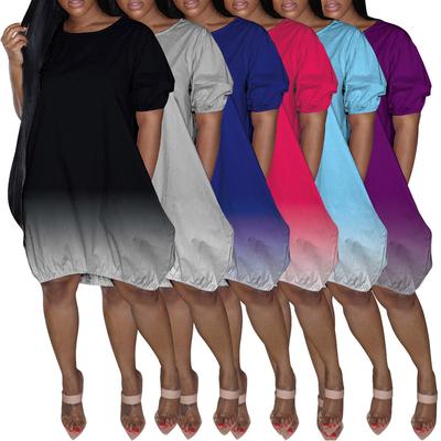Übergröße Lässiges Kleid Damen Kurzarm Mittellang Farbverlauf Tasche Gekräuselte Saum Rundhalsausschnitt Lockerer Schnitt Kleid