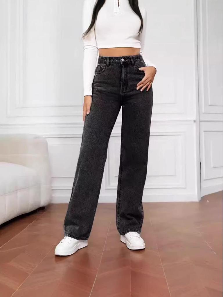 Retro Washed High-Waist Straight Leg Jeans for Women - Slimming Wide-Leg Style for Spring and Autumn 2026