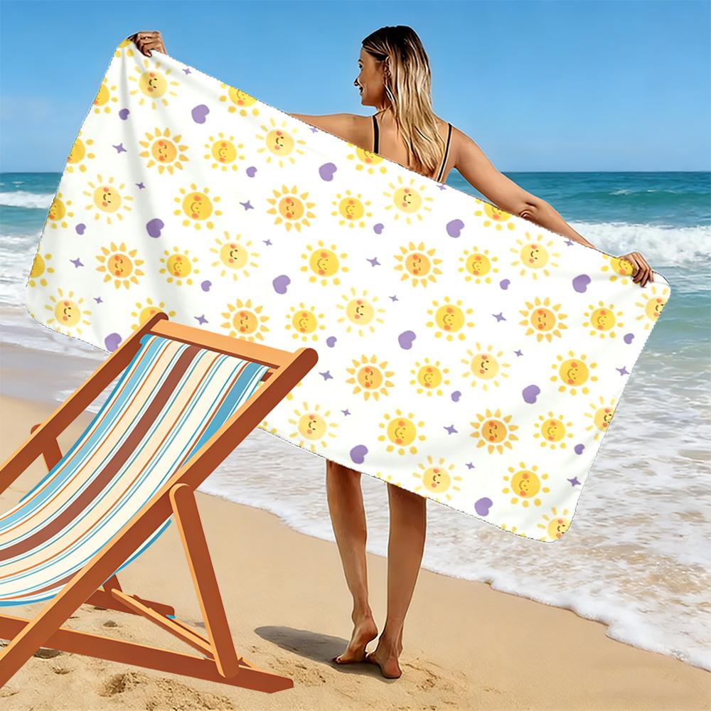 Cute Smiling Sun and Purple Hearts Pattern Beach towel quick-drying for travel outdoor sports jogging beach and swimming