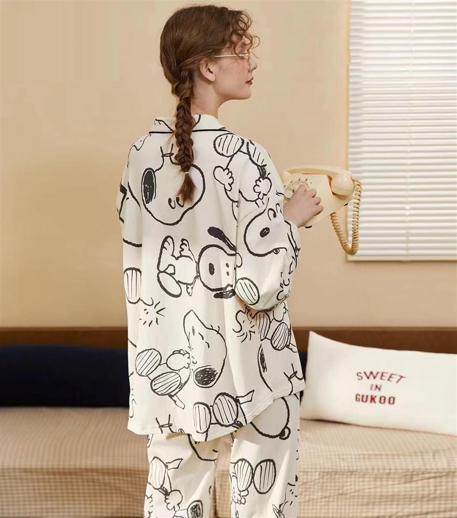Snoopy Charlie Brown Pajamas Lounge Wear Top and Bottom Set Cotton Long Sleeve Open Front Loungewear Cute for Children Girls Adults Stylish Good