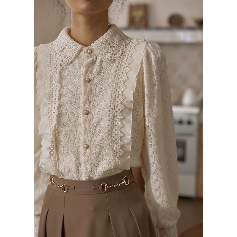 

Autumn Winter Women Lace Shirt Ruffle Collar Pearl Button Blouse OneSize абрикосовый