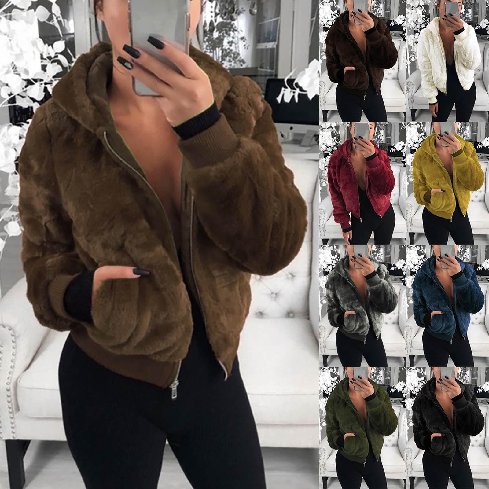 

Women s Fashion Casual Hooded Zipper Prokets Solid Long Sleeve Plush Coat L армія зелений колір