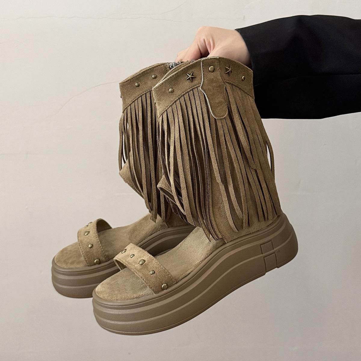 

Богемные сандалии на платформе, римские, женские, лето 2025, новинка, французские заклепки, кисточки, внутренняя танкетка, короткие крутые ботинки 39 хаки