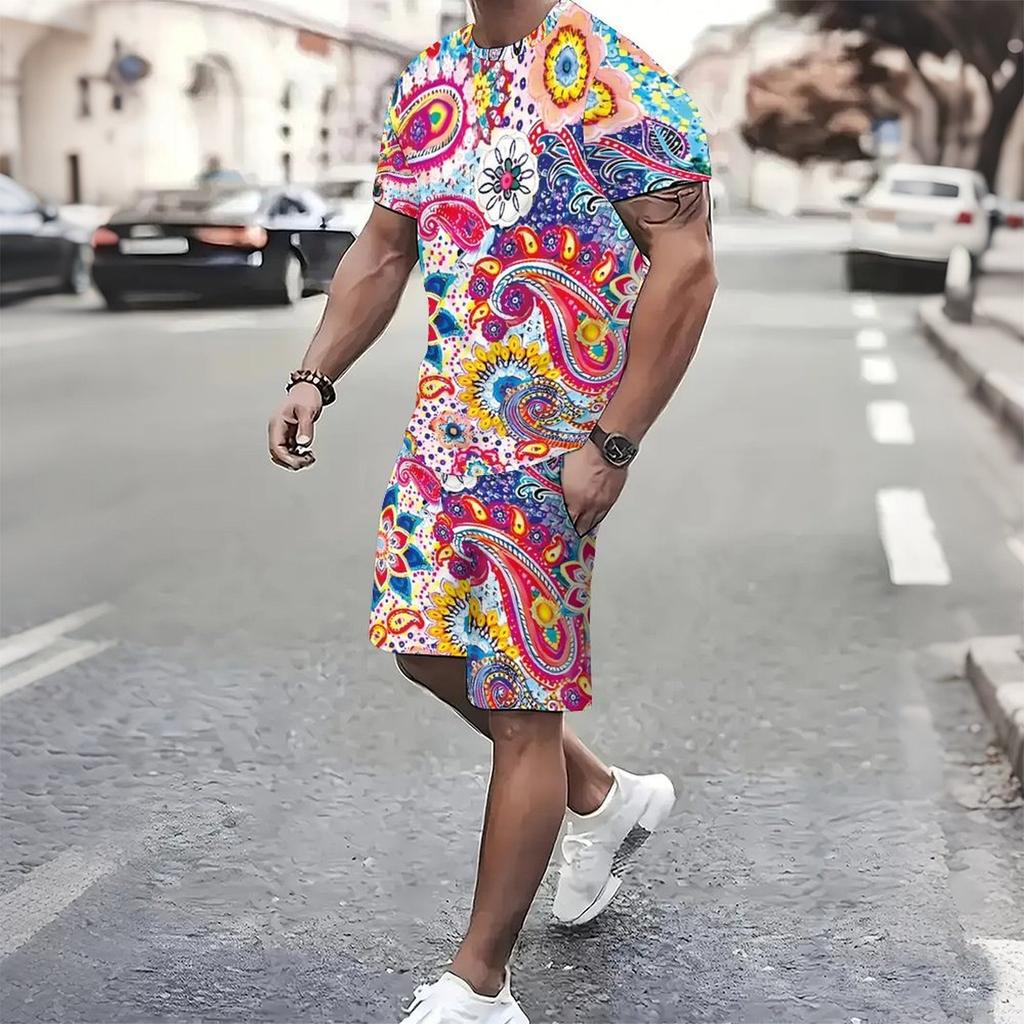 Men Full Black White Paisley Bandana Print Short Sleeve Tee And Matching Shorts Two Piece Outfit