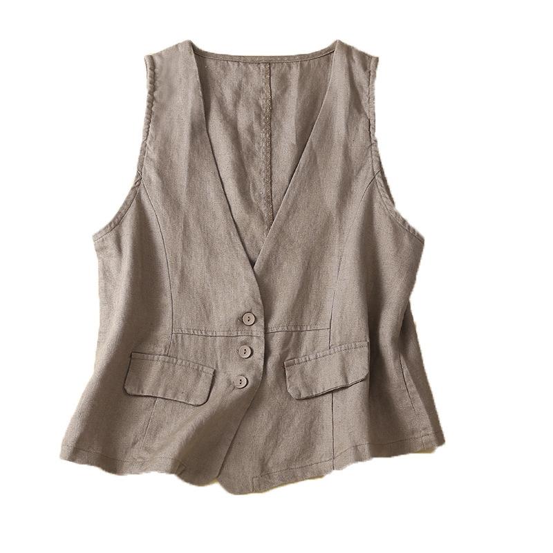 Literary Retro Linen Vest Summer V-neck Casual Sleeveless Vest Cotton and Linen Thin Outer Wear Vest Jacket Plus Size