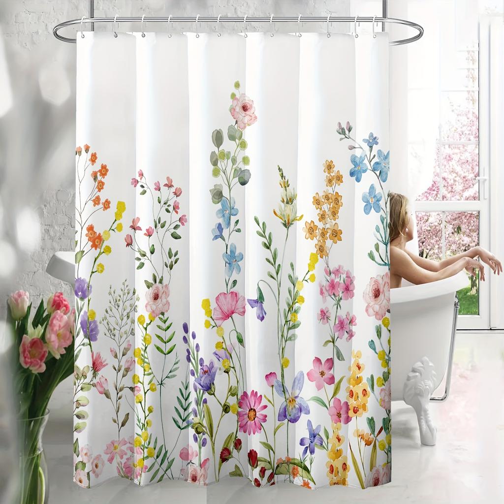 1Pc 180X180Cm Water-Resistant Floral Shower Curtain - Polyester, 12 Hooks, All-Season, Machine Washable, Flower Pattern