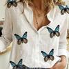 Butterfly Printed Long Sleeve Cotton Linen Shirt White Pink Turn Down Collar Button Up Loose Tops Women Plus Size Blouses
