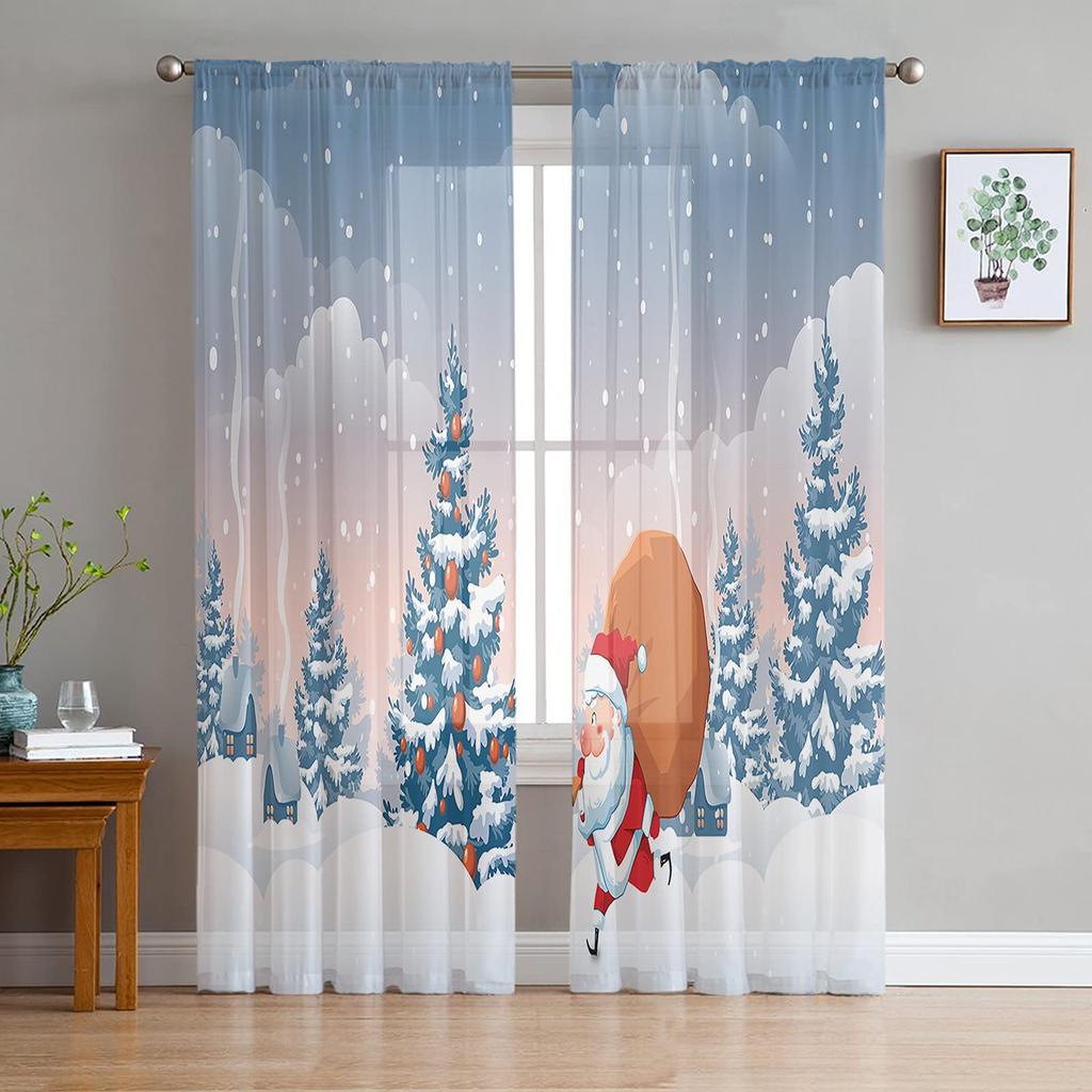 Christmas Curtain Bedroom Living Room Cafe Xmas Santa Claus Chiffon Voile Window Drapes Treatments Light Filtering Polyester Ideal For Great