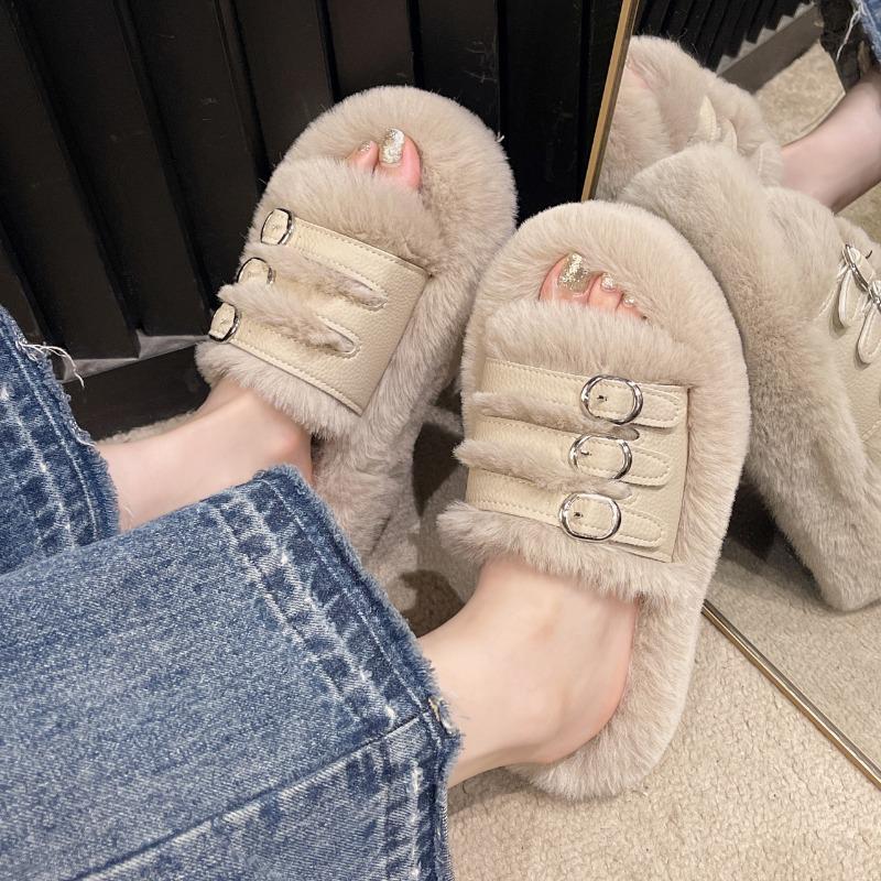 fashion 2024 Chunky Platform Fur Slippers Women Autumn Thick Bottom Furry Outdoor Slippers Woman Short Plush Designer Shoes