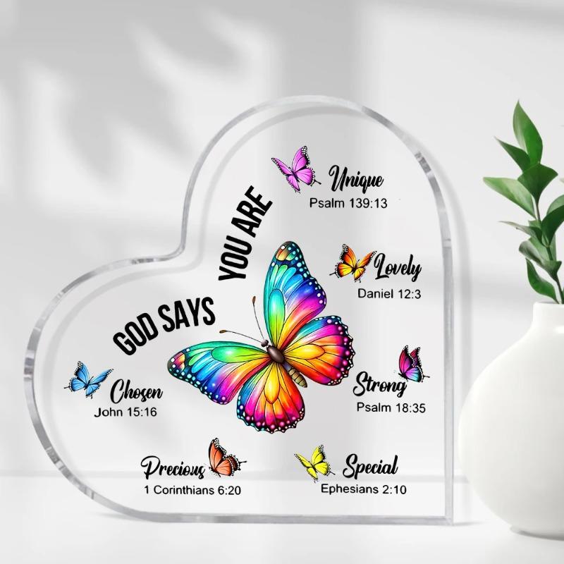 2D Flat Christian Gift Acrylic Heart Butterfly Desktop Decorative Plaque, Home Decor Plaque Hanging Wall Art Decorative Garden Decoration for Room Doo
