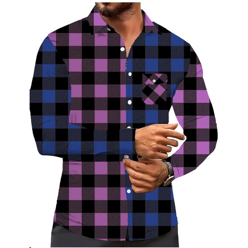 Men's Color Blocking Plaid Trendy Fashion Loose Drop Shoulder Lapel Long Sleeve Shirt