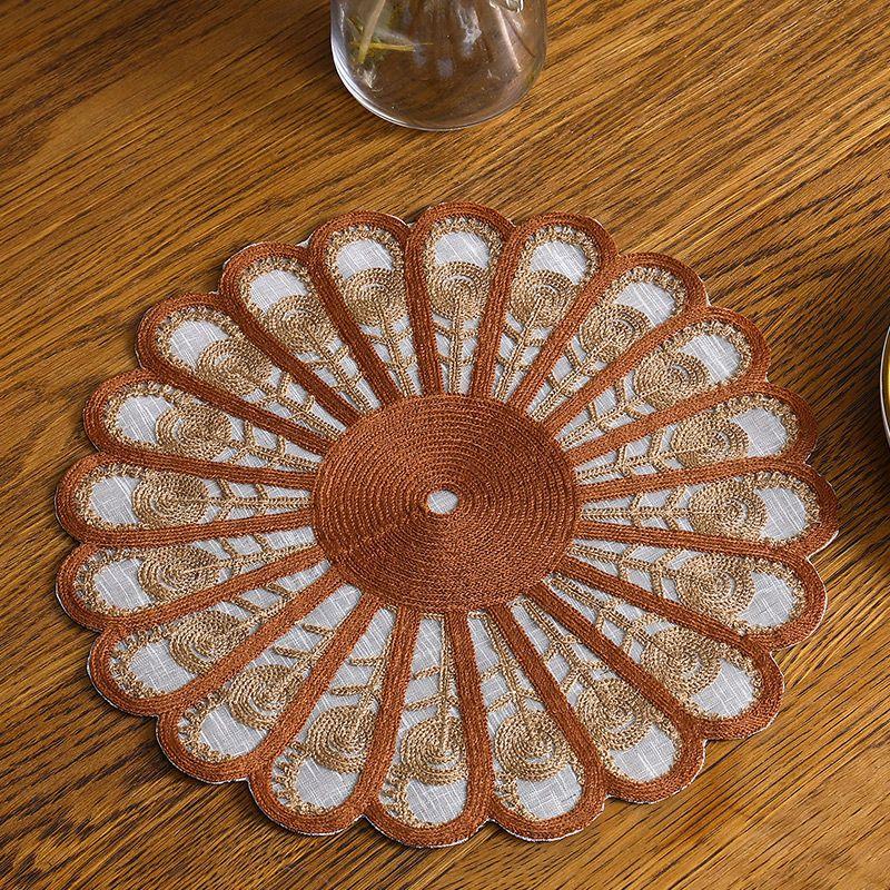 

Легкий роскошный круглый обеденный коврик с вышивкой, коврик для стола, подставка под тарелку, подставка под вазу, настольная лампа, подставка под чашку, подставка под ювелирные изделия, домашний ретро-коврик против ожогов 28*28CM тёмно-рыжий