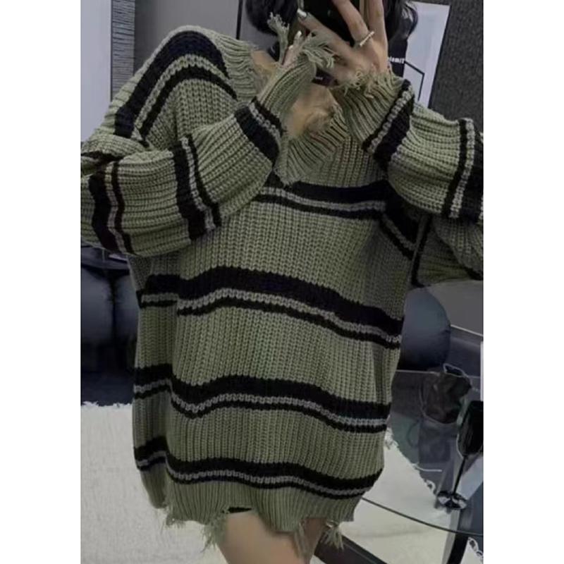 

Осенний новый свободный полосатый вязаный свитер с V-образным вырезом и кисточками для женщин, модный винтажный свитер с длинным рукавом, женский элегантный повседневный трикотаж 24829 One Size зелёный