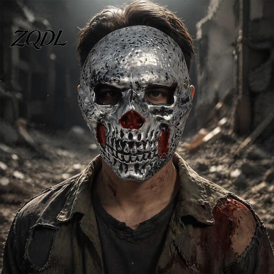 Masquerade Party Accessories Retro Distressed Silver Skull Mask for Halloween, Flexible PU Foam Horror Realistic Role Play with Adjustable Elastic