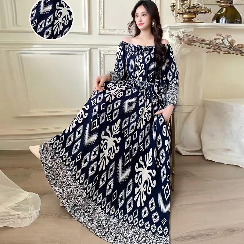 Fattened extra large size floral long-sleeved dress 100kg fat girl long dress one-word shoulder loose maternity dress
