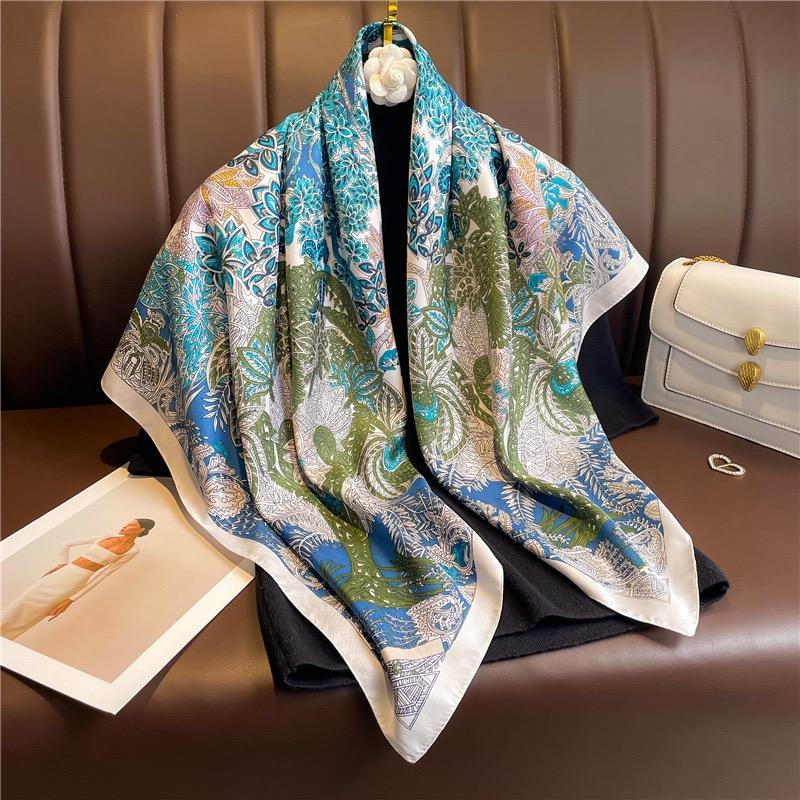 Women Luxury Designer Scarf Bohemian Vintage Floral Silk Scarves Square Small Handkerchief Neck Snood Bag Hijab 90*90Cm