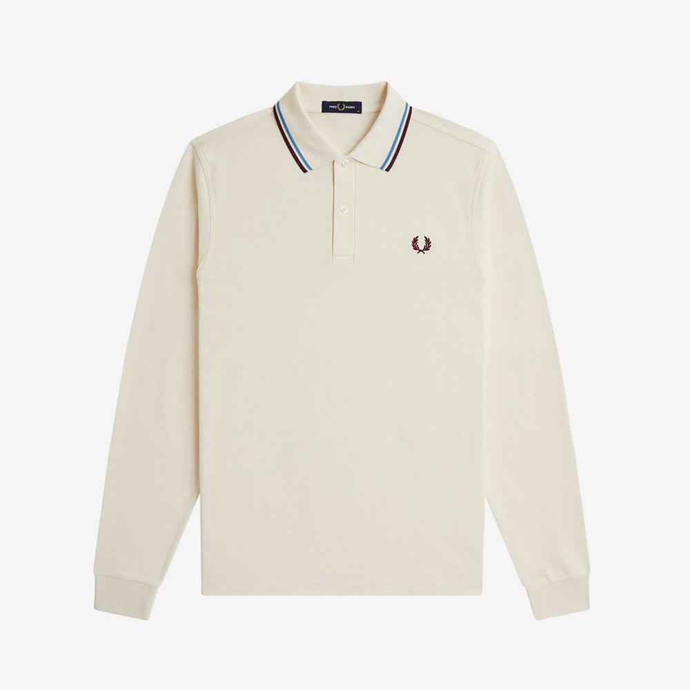 Fred Perry [M3636] Long Sleeve Twin Tip Fred Perry Shirt - Ecru/Court Blue/Ox Blood Afpm2533636-Z46