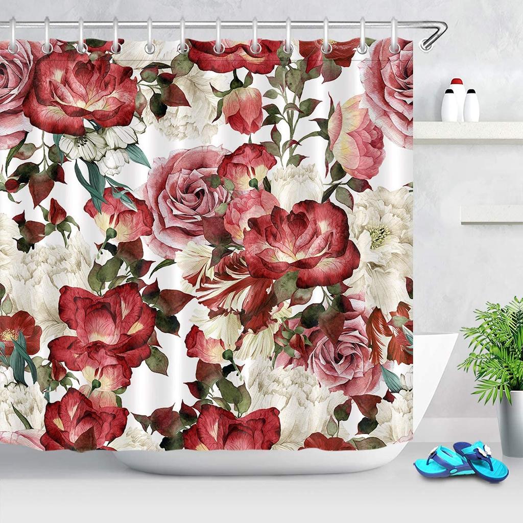 Red Rose Shower Curtain Retro Rose Floral Bathroom Decor Bath Curtain Polyester Fabric Waterproof Bathroom Curtains With Hooks