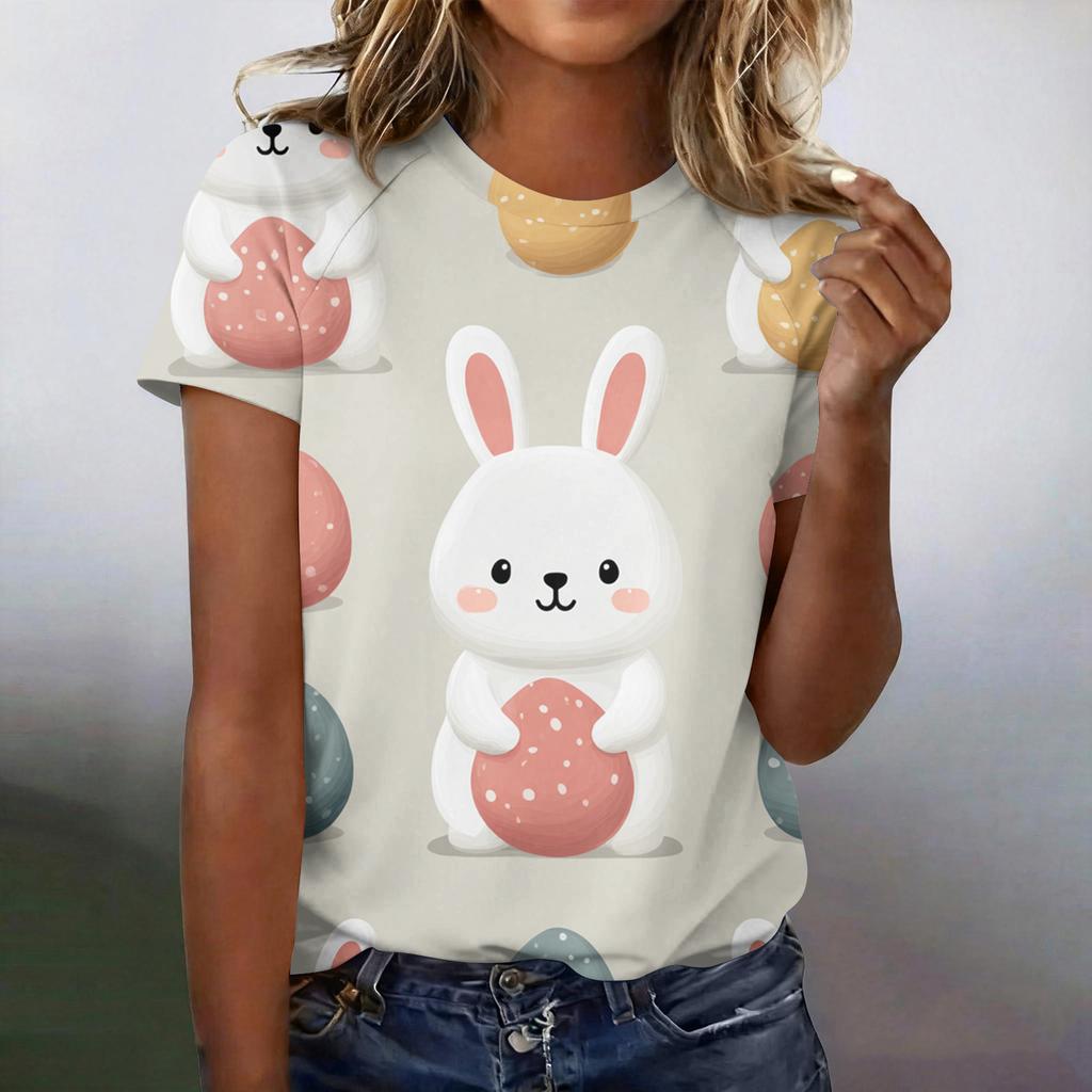 Women's Fashionable Casual Short-Sleeved Raglan Sleeve Easter Print T-Shirt Top