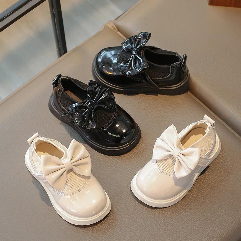 Fashion New Girls Knitted Shoes with Bow-knot Stretch Fabric Princess Kids Flats for School Little Children Loafers Hook & Loop Princess
