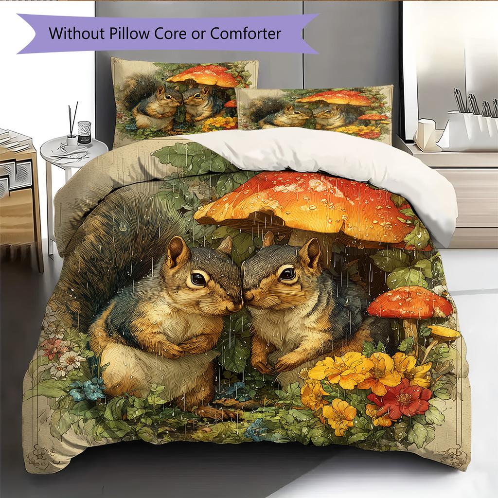 Mushroom Squirrel Pattern Bedding Quilt Set Quilt Cover Pillowcase Home Decoration Gift (1 * duvet cover + 2 * pillowcase, without core)