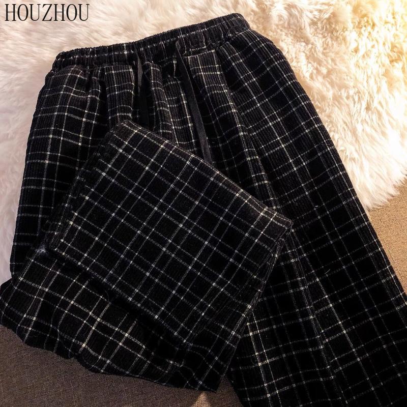 

HOUZHOU клетчатые брюки женские шикарные студенческие спортивные штаны оверсайз повседневные свободные брюки тренд 2XL чёрный